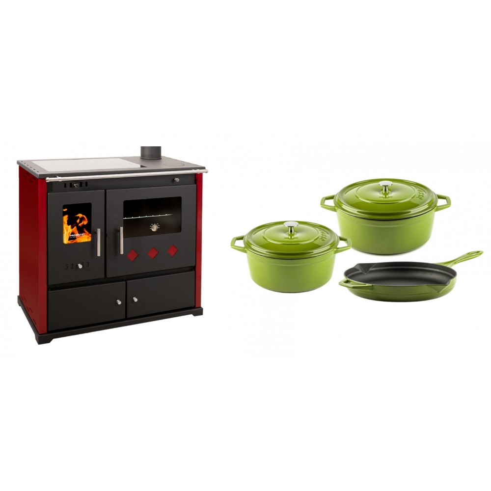 Set Küchenofen / Küchenhexe Prometey Practik Lux mit Cerankochfeld, Rauchabzug rechts, burgund, 9.5kW + Gusseisen Topf Set aus 3 teilen Solagio, Bamboo