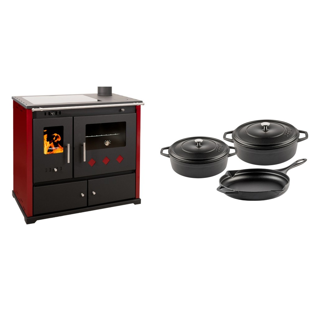 Set Küchenofen / Küchenhexe Prometey Practik Lux mit Cerankochfeld, Rauchabzug rechts, burgund, 9.5kW + Gusseisen Topf Set aus 3 teilen Solagio, Black Onyx | Kaminofen - Holzofen mit Backfach | Kaminofen |