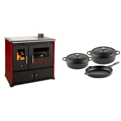 Set Küchenofen / Küchenhexe Prometey Practik Lux mit Cerankochfeld, Rauchabzug rechts, burgund, 9.5kW + Gusseisen Topf Set aus 3 teilen Solagio, Black Onyx - Kaminofen - Holzofen mit Backfach