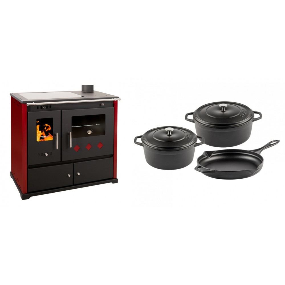 Set Küchenofen / Küchenhexe Prometey Practik Lux mit Cerankochfeld, Rauchabzug rechts, burgund, 9.5kW + Gusseisen Topf Set aus 3 teilen Solagio, Black Onyx | Kaminofen - Holzofen mit Backfach | Kaminofen |