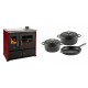 Set Küchenofen / Küchenhexe Prometey Practik Lux mit Cerankochfeld, Rauchabzug rechts, burgund, 9.5kW + Gusseisen Topf Set aus 3 teilen Solagio, Black Onyx | Kaminofen - Holzofen mit Backfach | Kaminofen |