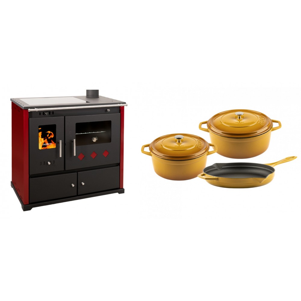 Set Küchenofen / Küchenhexe Prometey Practik Lux mit Cerankochfeld, Rauchabzug rechts, burgund, 9.5kW + Gusseisen Topf Set aus 3 teilen Solagio, Dijon