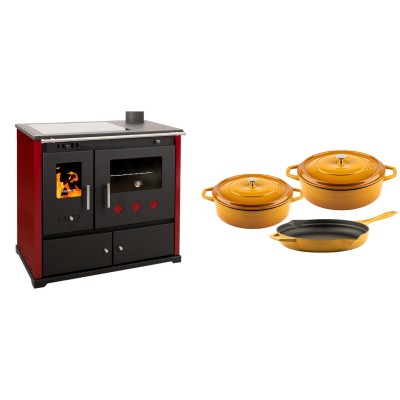 Set Küchenofen / Küchenhexe Prometey Practik Lux mit Cerankochfeld, Rauchabzug rechts, burgund, 9.5kW + Gusseisen Topf Set aus 3 teilen Solagio, Dijon - Kaminofen - Holzofen mit Backfach