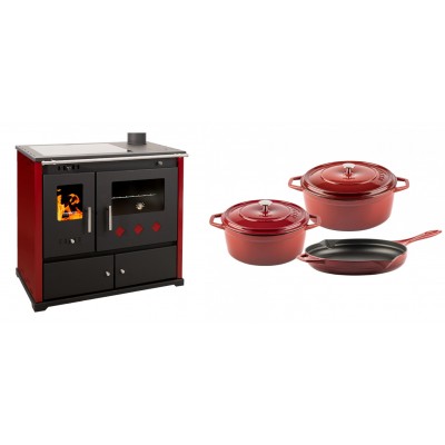 Set Küchenofen / Küchenhexe Prometey Practik Lux mit Cerankochfeld, Rauchabzug rechts, burgund, 9.5kW + Gusseisen Topf Set aus 3 teilen Solagio, Rubin - Kaminofen - Holzofen mit Backfach