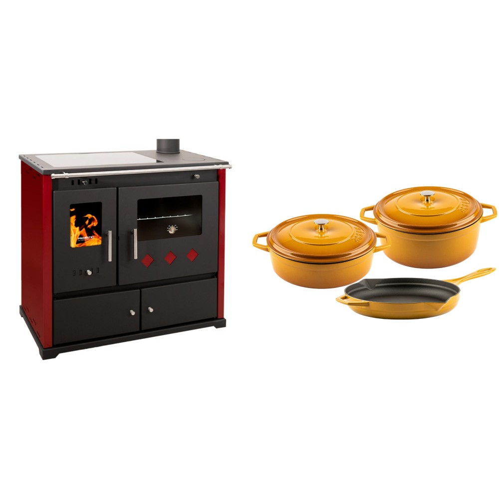 Set Küchenofen / Küchenhexe Prometey Practik Lux mit Cerankochfeld, Rauchabzug rechts, burgund, 9.5kW + Gusseisen Topf Set aus 3 teilen Solagio, Dijon