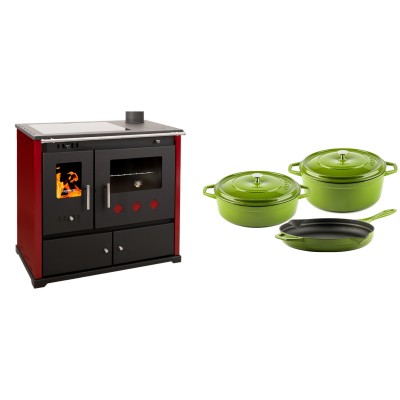 Set Küchenofen / Küchenhexe Prometey Practik Lux mit Cerankochfeld, Rauchabzug rechts, burgund, 9.5kW + Gusseisen Topf Set aus 3 teilen Solagio, Bamboo - Kaminofen - Holzofen mit Backfach
