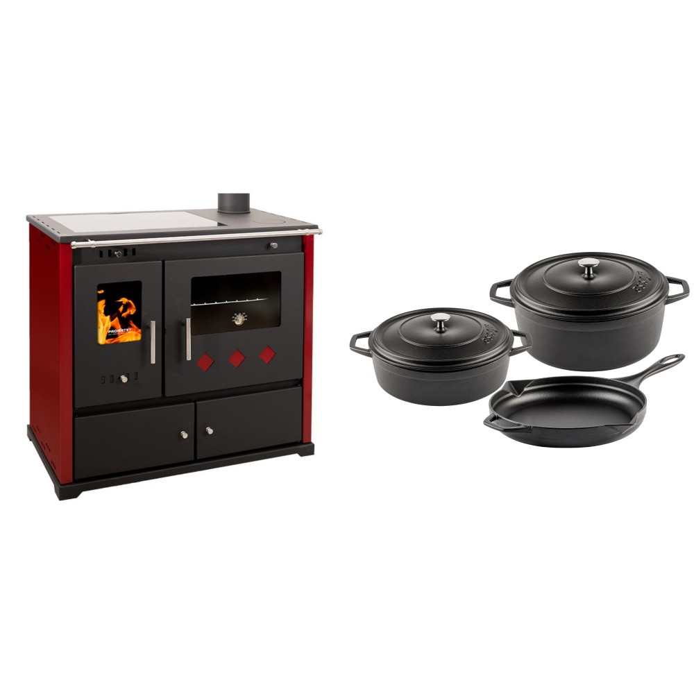 Set Küchenofen / Küchenhexe Prometey Practik Lux mit Cerankochfeld, Rauchabzug rechts, burgund, 9.5kW + Gusseisen Topf Set aus 3 teilen Solagio, Black Onyx
