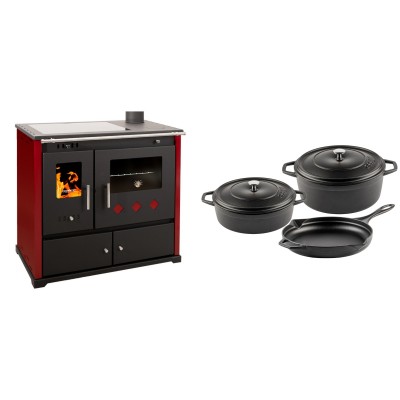 Set Küchenofen / Küchenhexe Prometey Practik Lux mit Cerankochfeld, Rauchabzug rechts, burgund, 9.5kW + Gusseisen Topf Set aus 3 teilen Solagio, Black Onyx - Kaminofen - Holzofen mit Backfach