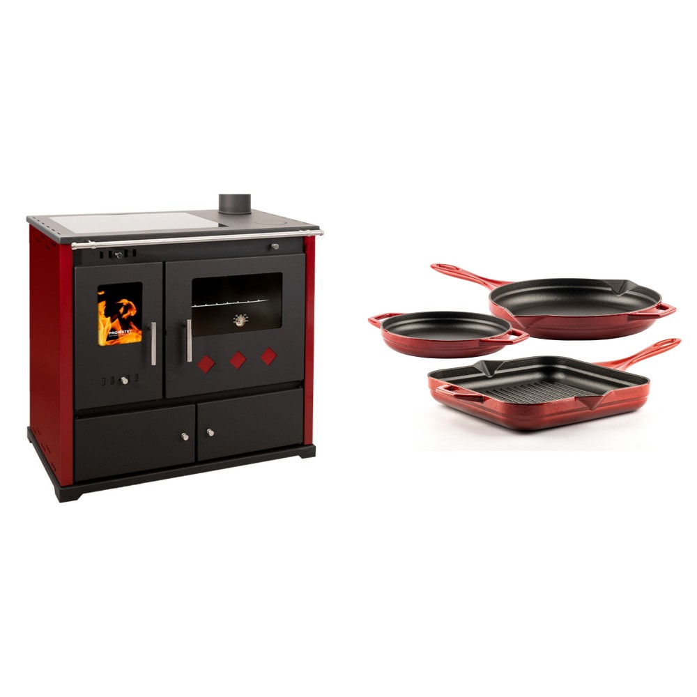 Set Küchenofen / Küchenhexe Prometey Practik Lux mit Cerankochfeld, Rauchabzug rechts, burgund, 9.5kW + Gusseisen Topf Set aus 3 teilen Solagio, Rubin