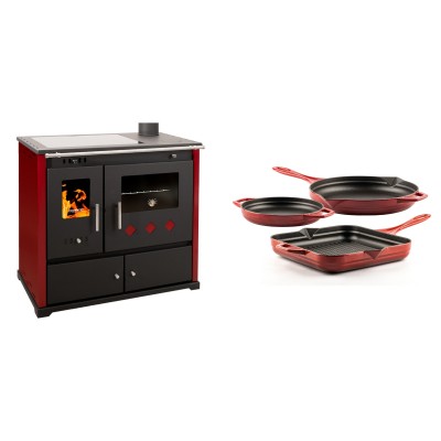 Set Küchenofen / Küchenhexe Prometey Practik Lux mit Cerankochfeld, Rauchabzug rechts, burgund, 9.5kW + Gusseisen Topf Set aus 3 teilen Solagio, Rubin - Kaminofen - Holzofen mit Backfach