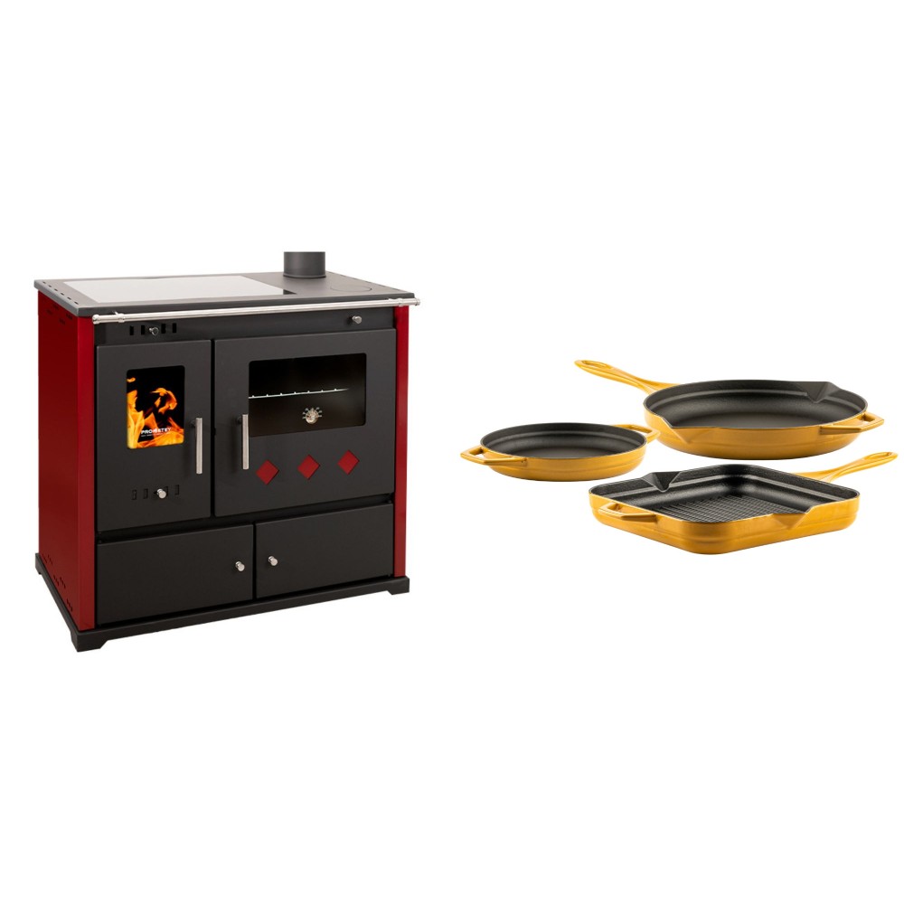 Set Küchenofen / Küchenhexe Prometey Practik Lux mit Cerankochfeld, Rauchabzug rechts, burgund, 9.5kW + Gusseisen Topf Set aus 3 teilen Solagio, Dijon