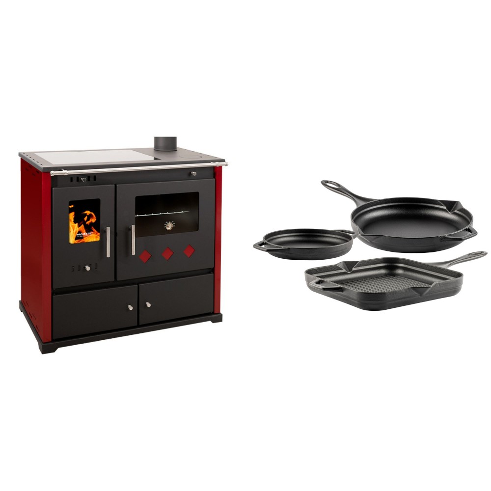 Set Küchenofen / Küchenhexe Prometey Practik Lux mit Cerankochfeld, Rauchabzug rechts, burgund, 9.5kW + Gusseisen Topf Set aus 3 teilen Solagio, Black Onyx