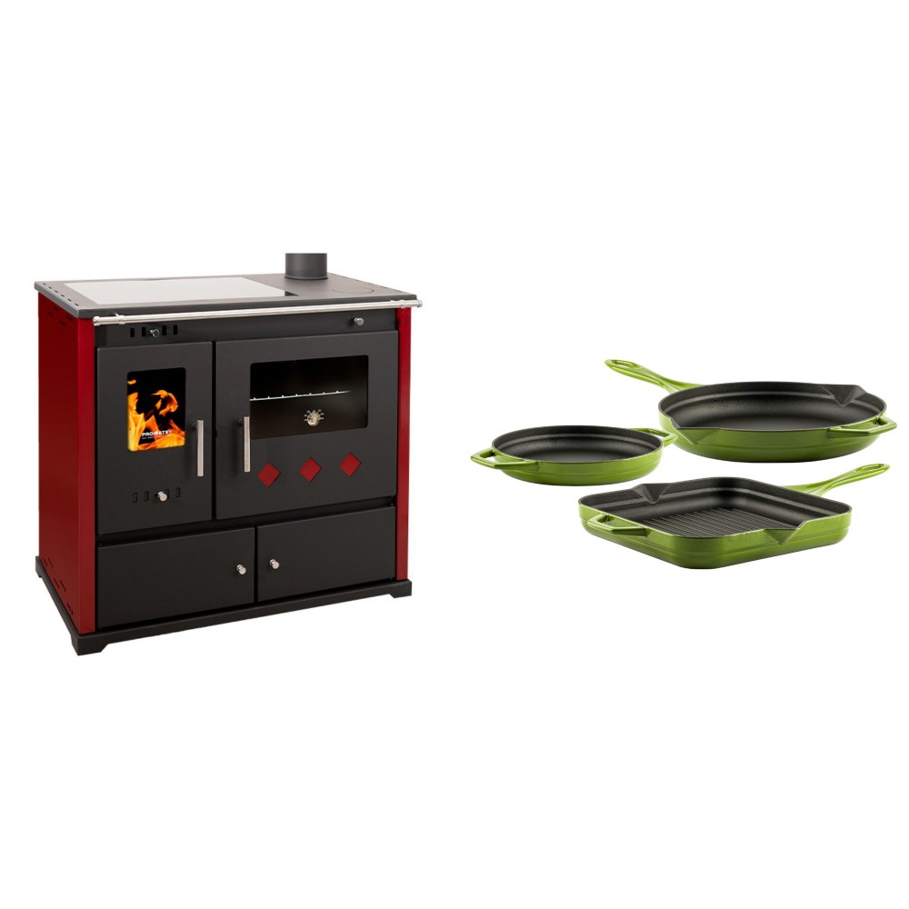 Set Küchenofen / Küchenhexe Prometey Practik Lux mit Cerankochfeld, Rauchabzug rechts, burgund, 9.5kW + Gusseisen Topf Set aus 3 teilen Solagio, Bamboo | Kaminofen - Holzofen mit Backfach | Kaminofen |