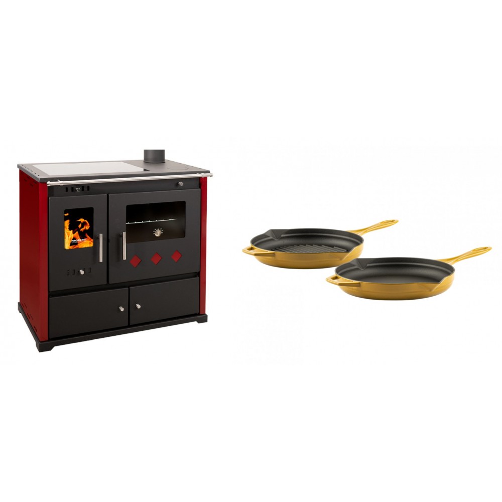 Set Küchenofen / Küchenhexe Prometey Practik Lux mit Cerankochfeld, Rauchabzug rechts, burgund, 9.5kW + Gusseisen Topf Set aus 2 teilen Solagio, Dijon