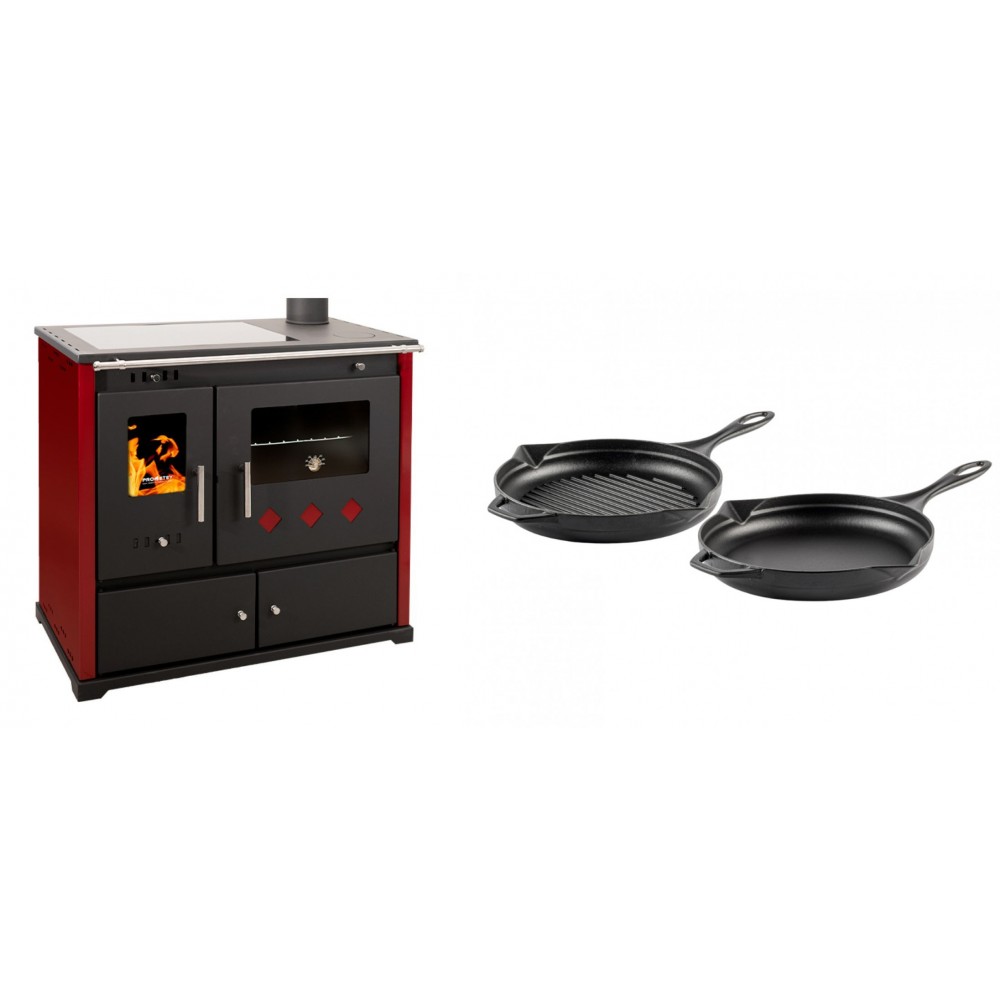 Set Küchenofen / Küchenhexe Prometey Practik Lux mit Cerankochfeld, Rauchabzug rechts, burgund, 9.5kW + Gusseisen Topf Set aus 2 teilen Solagio, Black Onyx | Kaminofen - Holzofen mit Backfach | Kaminofen |