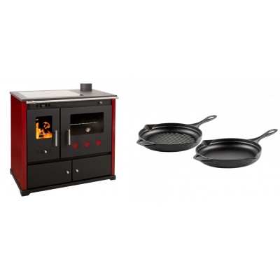 Set Küchenofen / Küchenhexe Prometey Practik Lux mit Cerankochfeld, Rauchabzug rechts, burgund, 9.5kW + Gusseisen Topf Set aus 2 teilen Solagio, Black Onyx - Prometey