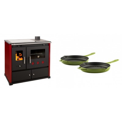 Set Küchenofen / Küchenhexe Prometey Practik Lux mit Cerankochfeld, Rauchabzug rechts, burgund, 9.5kW + Gusseisen Topf Set aus 2 teilen Solagio, Bamboo - Prometey