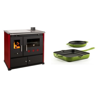 Set Küchenofen / Küchenhexe Prometey Practik Lux mit Cerankochfeld, Rauchabzug rechts, burgund, 9.5kW + Gusseisen Topf Set aus 2 teilen Solagio, Bamboo - Prometey