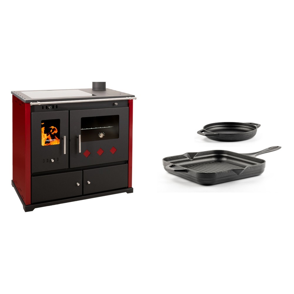 Set Küchenofen / Küchenhexe Prometey Practik Lux mit Cerankochfeld, Rauchabzug rechts, burgund, 9.5kW + Gusseisen Topf Set aus 2 teilen Solagio, Black Onyx | Kaminofen - Holzofen mit Backfach | Kaminofen |