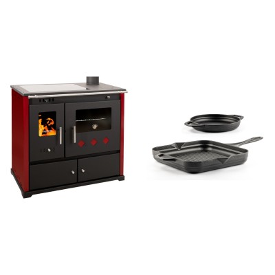 Set Küchenofen / Küchenhexe Prometey Practik Lux mit Cerankochfeld, Rauchabzug rechts, burgund, 9.5kW + Gusseisen Topf Set aus 2 teilen Solagio, Black Onyx - Prometey