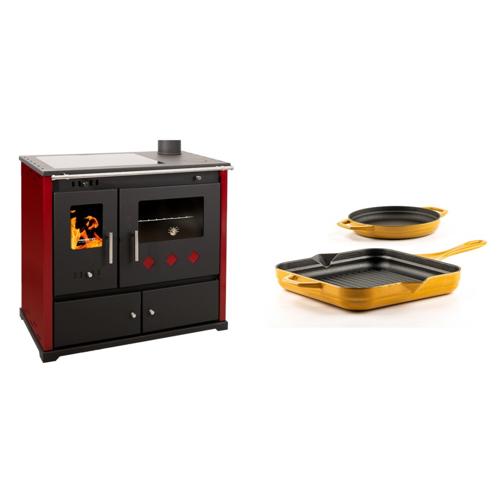 Set Küchenofen / Küchenhexe Prometey Practik Lux mit Cerankochfeld, Rauchabzug rechts, burgund, 9.5kW + Gusseisen Topf Set aus 2 teilen Solagio, Dijon
