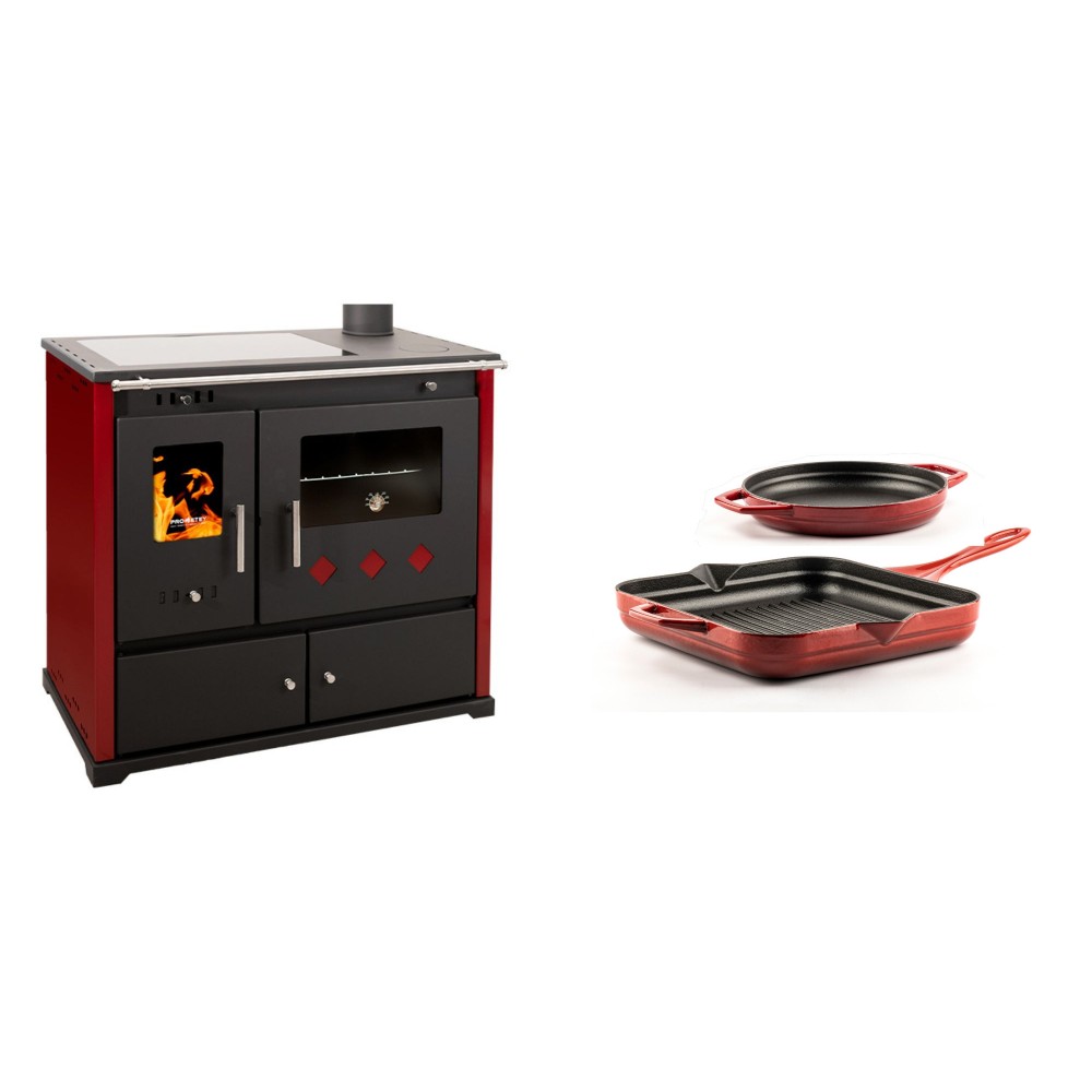 Set Küchenofen / Küchenhexe Prometey Practik Lux mit Cerankochfeld, Rauchabzug rechts, burgund, 9.5kW + Gusseisen Topf Set aus 2 teilen Solagio, Rubin
