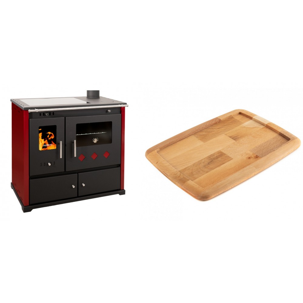 Set Küchenofen / Küchenhexe Prometey Practik Lux mit Cerankochfeld, Rauchabzug rechts, burgund, 9.5kW + Holz untersetzer für gusseisenplatte Solagio HSST2131 | Kaminofen - Holzofen mit Backfach | Kaminofen |