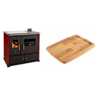Set Küchenofen / Küchenhexe Prometey Practik Lux mit Cerankochfeld, Rauchabzug rechts, burgund, 9.5kW + Holz untersetzer für gusseisenplatte Solagio HSST2131 - Kaminofen - Holzofen mit Backfach