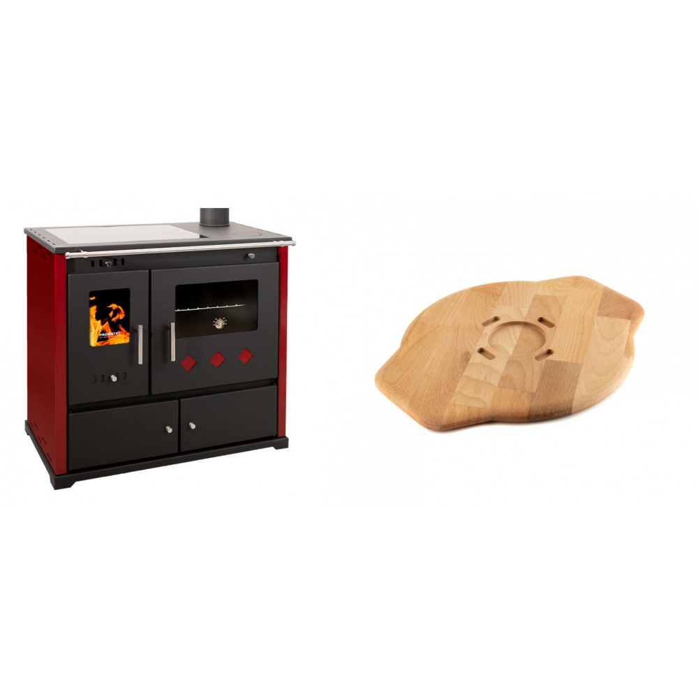 Set Küchenofen / Küchenhexe Prometey Practik Lux mit Cerankochfeld, Rauchabzug rechts, burgund, 9.5kW + Holz untersetzer für Gusseisenplatte Solagio HSYSAK28 | Kaminofen - Holzofen mit Backfach | Kaminofen |