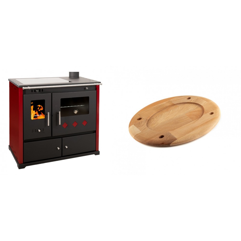 Set Küchenofen / Küchenhexe Prometey Practik Lux mit Cerankochfeld, Rauchabzug rechts, burgund, 9.5kW + Holz untersetzer für ovale platte Solagio HSOISK2533, 25x33cm