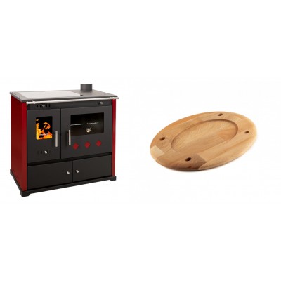 Set Küchenofen / Küchenhexe Prometey Practik Lux mit Cerankochfeld, Rauchabzug rechts, burgund, 9.5kW + Holz untersetzer für ovale platte Solagio HSOISK2533, 25x33cm - Kaminofen - Holzofen mit Backfach