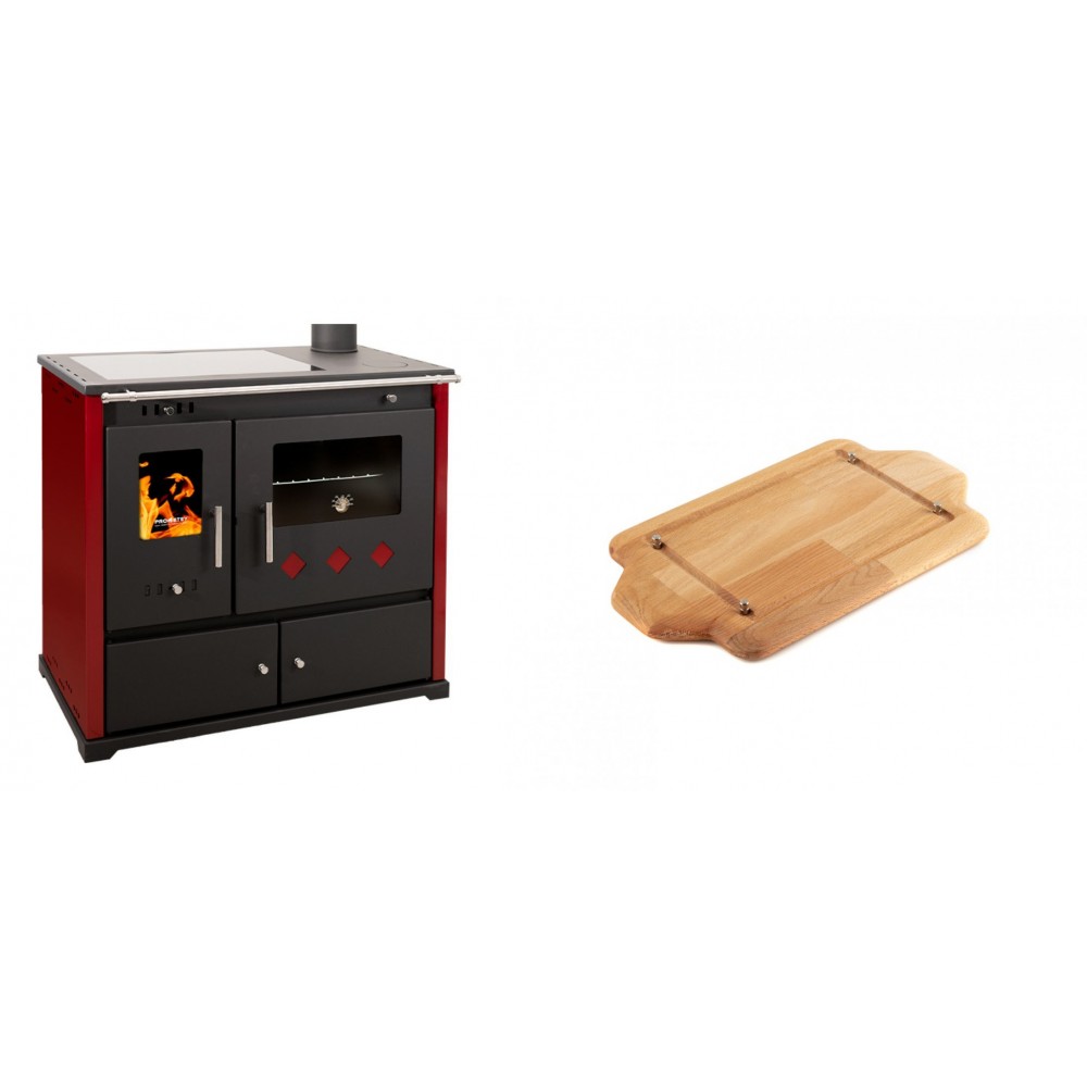 Set Küchenofen / Küchenhexe Prometey Practik Lux mit Cerankochfeld, Rauchabzug rechts, burgund, 9.5kW + Holz untersetzer für mini-gusseisenplatte Solagio HSDDHP1522 | Kaminofen - Holzofen mit Backfach | Kaminofen |