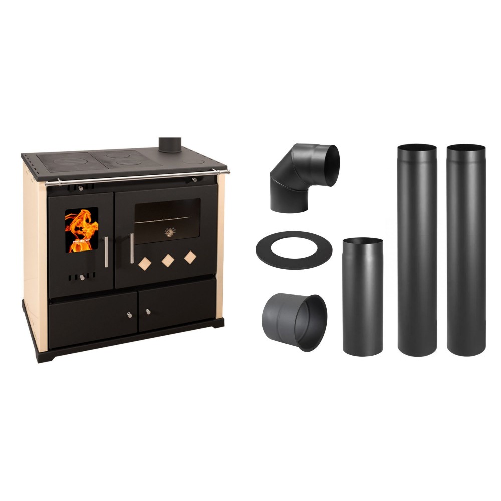 Set Küchenofen / Küchenhexe Prometey Practik Lux, Elfenbein, rechter Kamin, 9.5kW + Schornstein Bausatz PARKANEX, Stahl Ø130, Dicke 2mm | Kaminofen - Holzofen mit Backfach | Kaminofen |