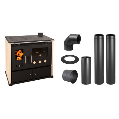 Set Küchenofen / Küchenhexe Prometey Practik Lux, Elfenbein, rechter Kamin, 9.5kW + Schornstein Bausatz PARKANEX, Stahl Ø130, Dicke 2mm - Kaminofen - Holzofen mit Backfach