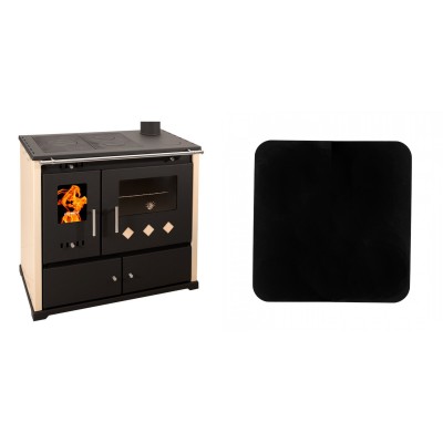 Set Küchenofen / Küchenhexe Prometey Practik Lux, Elfenbein, rechter Kamin, 9.5kW + Funkenschutzplatte Stahl 2mm, Größe 98x98cm - Kaminofen - Holzofen mit Backfach