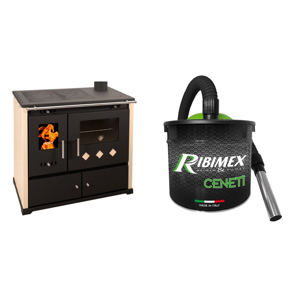 Set Küchenofen / Küchenhexe Prometey Practik Lux, Elfenbein, rechter Kamin, 9.5kW + Elektrischer Aschesauger Ribimex, Modell Cenetì, Fassungsvermögen 15 L | Kaminofen - Holzofen mit Backfach | Kaminofen |