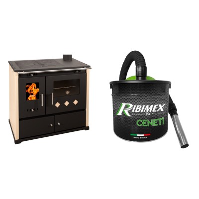 Set Küchenofen / Küchenhexe Prometey Practik Lux, Elfenbein, rechter Kamin, 9.5kW + Elektrischer Aschesauger Ribimex, Modell Cenetì, Fassungsvermögen 15 L - Kaminofen - Holzofen mit Backfach
