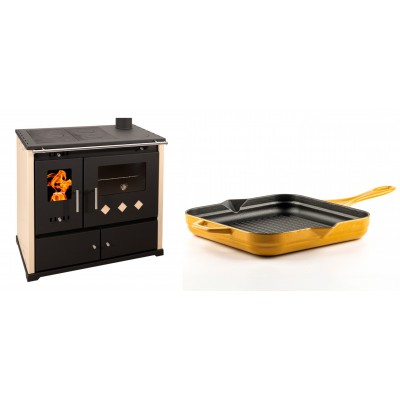 Set Küchenofen / Küchenhexe Prometey Practik Lux, Elfenbein, rechter Kamin, 9.5kW + Emaillierte grillpfanne Gusseisen Solagio, Dijon, 28х28cm - Kaminofen - Holzofen mit Backfach