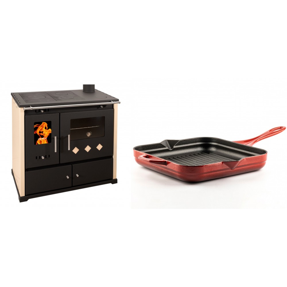 Set Küchenofen / Küchenhexe Prometey Practik Lux, Elfenbein, rechter Kamin, 9.5kW + Emaillierte grillpfanne Gusseisen Solagio, Rubin, 28x28cm | Kaminofen - Holzofen mit Backfach | Kaminofen |