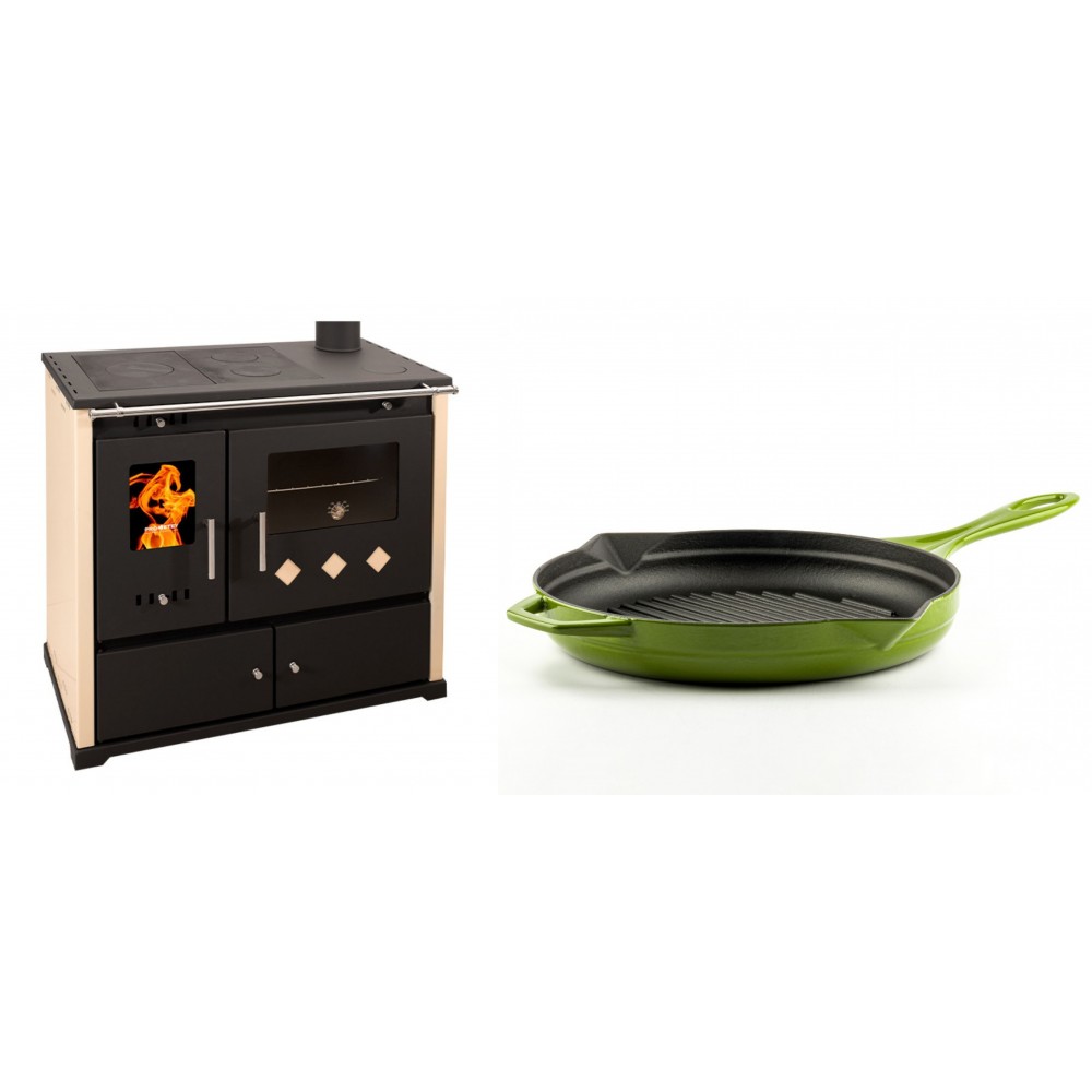 Set Küchenofen / Küchenhexe Prometey Practik Lux, Elfenbein, rechter Kamin, 9.5kW + Emaillierte grillpfanne Gusseisen Solagio, Bamboo, Ф28cm