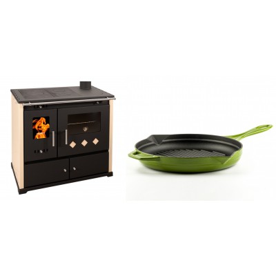 Set Küchenofen / Küchenhexe Prometey Practik Lux, Elfenbein, rechter Kamin, 9.5kW + Emaillierte grillpfanne Gusseisen Solagio, Bamboo, Ф28cm - Kaminofen - Holzofen mit Backfach