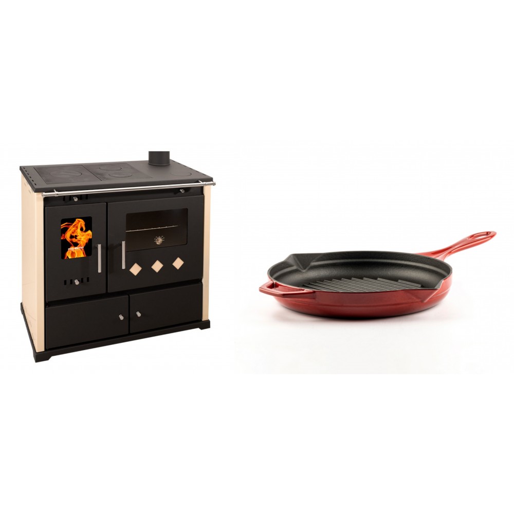 Set Küchenofen / Küchenhexe Prometey Practik Lux, Elfenbein, rechter Kamin, 9.5kW + Emaillierte grillpfanne Gusseisen Solagio, Rubin, Ф24cm