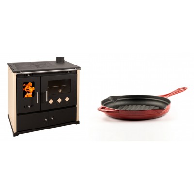 Set Küchenofen / Küchenhexe Prometey Practik Lux, Elfenbein, rechter Kamin, 9.5kW + Emaillierte grillpfanne Gusseisen Solagio, Rubin, Ф24cm - Kaminofen - Holzofen mit Backfach