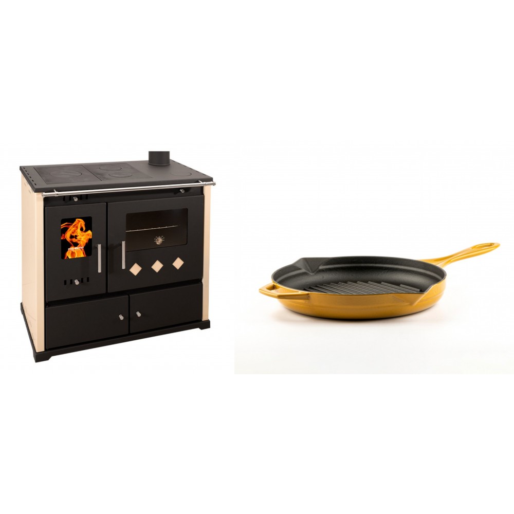 Set Küchenofen / Küchenhexe Prometey Practik Lux, Elfenbein, rechter Kamin, 9.5kW + Emaillierte grillpfanne Gusseisen Solagio, Dijon, Ф24cm | Kaminofen - Holzofen mit Backfach | Kaminofen |