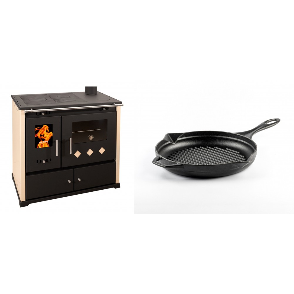 Set Küchenofen / Küchenhexe Prometey Practik Lux, Elfenbein, rechter Kamin, 9.5kW + Emaillierte grillpfanne Gusseisen Solagio, Black Onyx, Ф24cm | Kaminofen - Holzofen mit Backfach | Kaminofen |