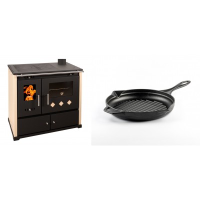 Set Küchenofen / Küchenhexe Prometey Practik Lux, Elfenbein, rechter Kamin, 9.5kW + Emaillierte grillpfanne Gusseisen Solagio, Black Onyx, Ф24cm - Kaminofen - Holzofen mit Backfach