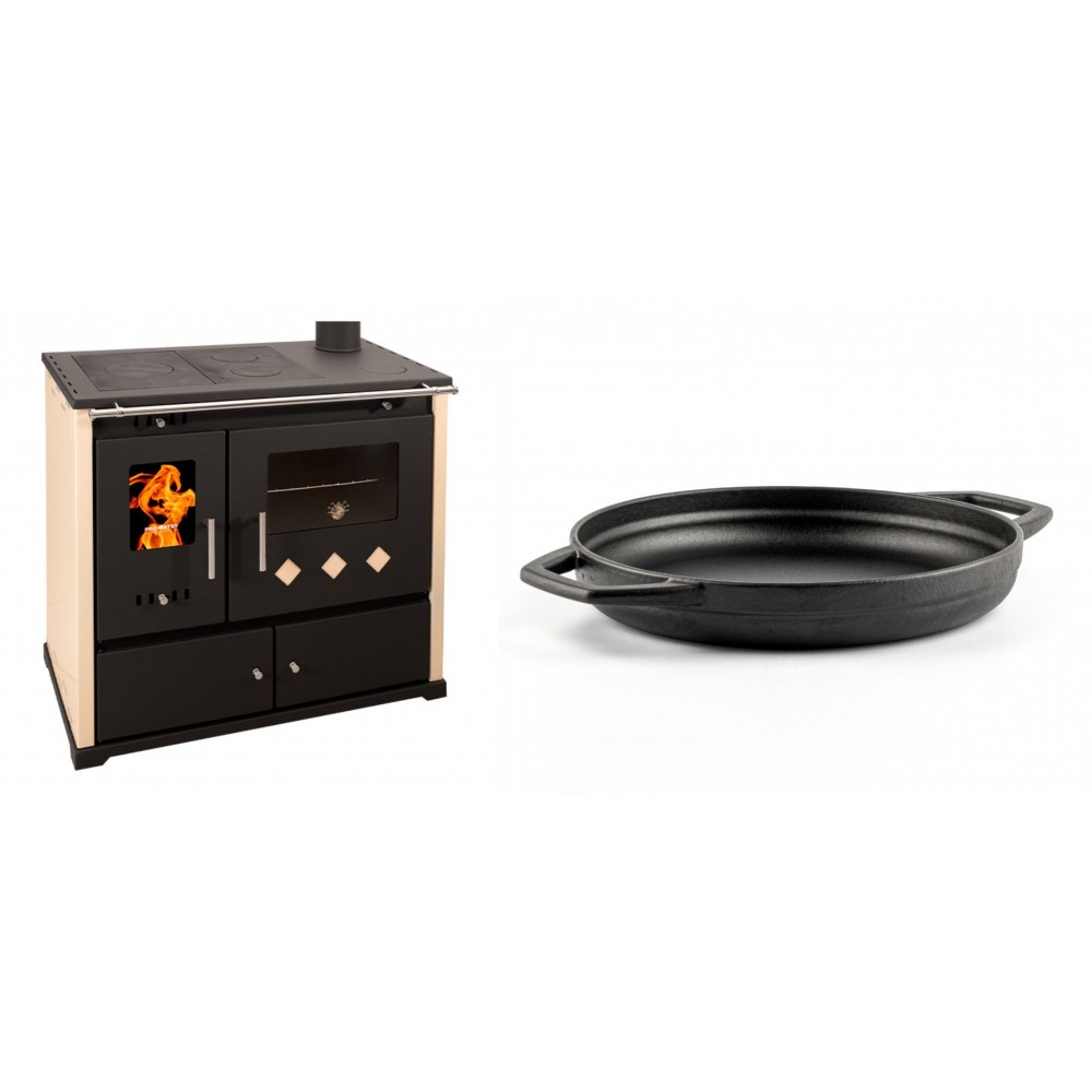 Set Küchenofen / Küchenhexe Prometey Practik Lux, Elfenbein, rechter Kamin, 9.5kW + Emaillierte gusseisenpfanne mit zwei Griffen Solagio, Black Onyx, Ф22cm