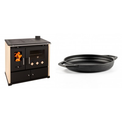 Set Küchenofen / Küchenhexe Prometey Practik Lux, Elfenbein, rechter Kamin, 9.5kW + Emaillierte gusseisenpfanne mit zwei Griffen Solagio, Black Onyx, Ф22cm - Kaminofen - Holzofen mit Backfach