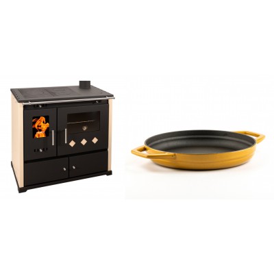 Set Küchenofen / Küchenhexe Prometey Practik Lux, Elfenbein, rechter Kamin, 9.5kW + Emaillierte gusseisenpfanne mit zwei Griffen Solagio, Dijon, Ф22cm - Kaminofen - Holzofen mit Backfach