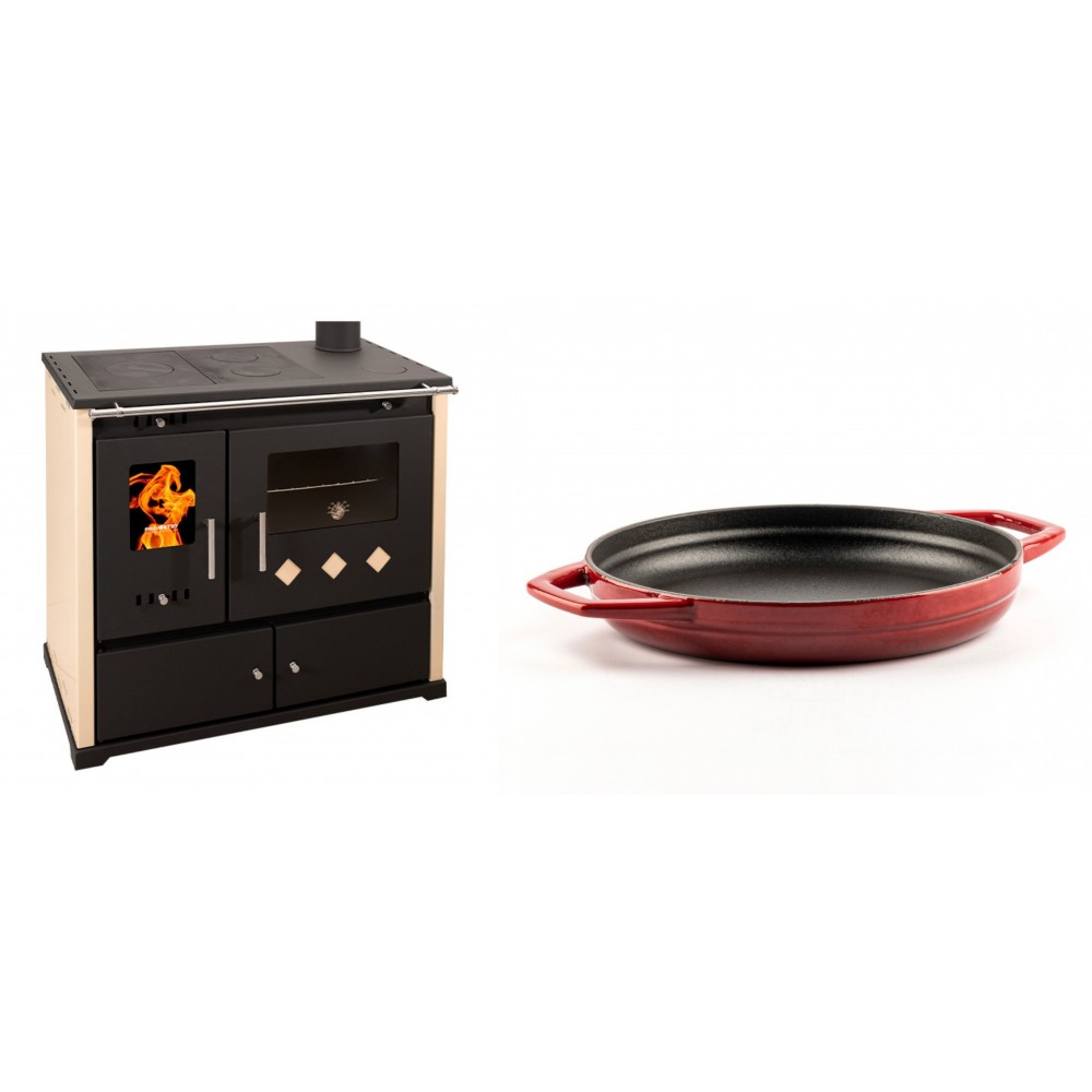 Set Küchenofen / Küchenhexe Prometey Practik Lux, Elfenbein, rechter Kamin, 9.5kW + Emaillierte gusseisenpfanne mit zwei Griffen Solagio, Rubin, Ф22cm